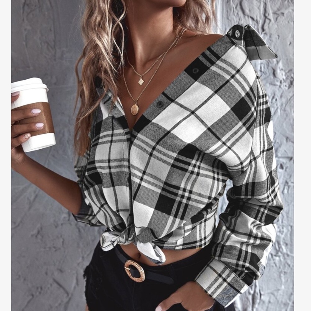 Elegant Plaid Check Button Up Boyfriend Shirt Top Blouse - Picture 7 of 17